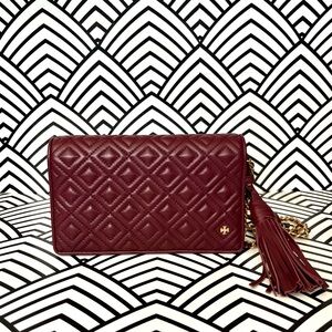 Tory Burch Fleming Flat Wallet Crossbody in Burgandy